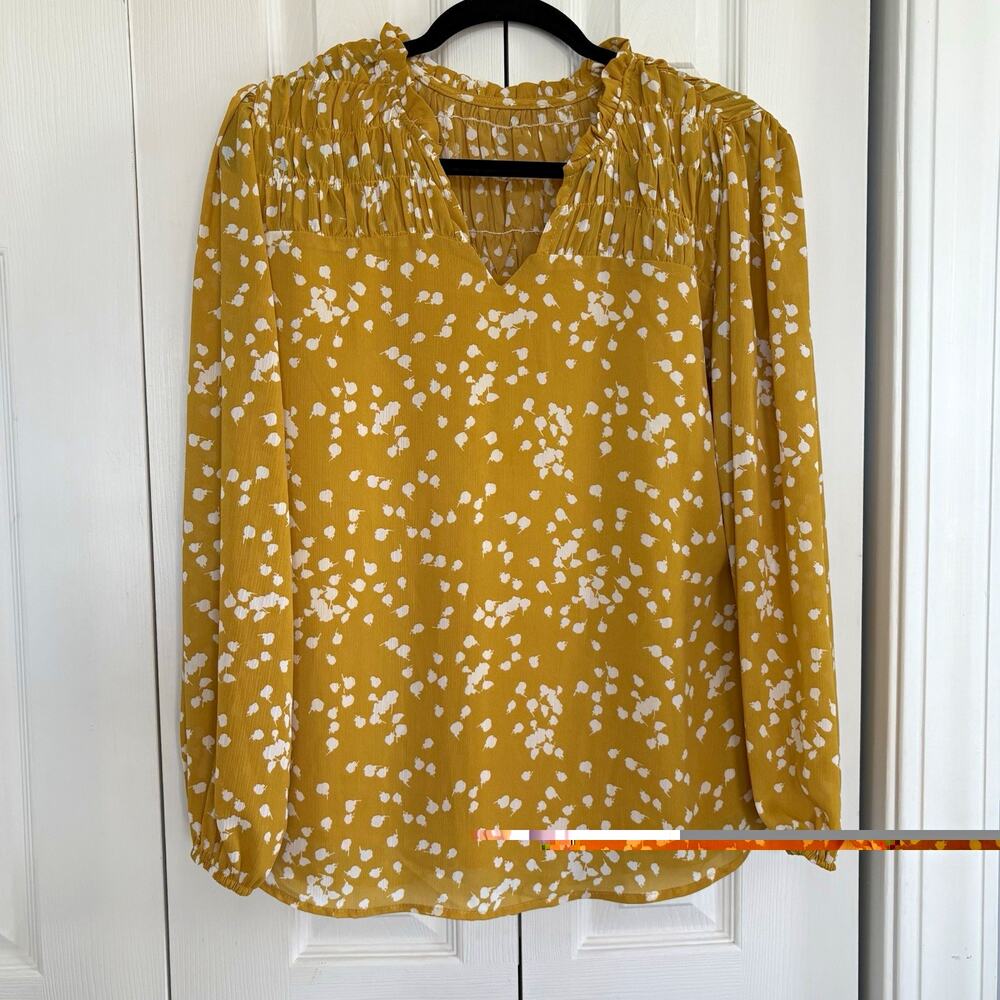 Mustard Floral Boho Peasant Blouse Smocked Neck Romantic Floral Cottagecore M